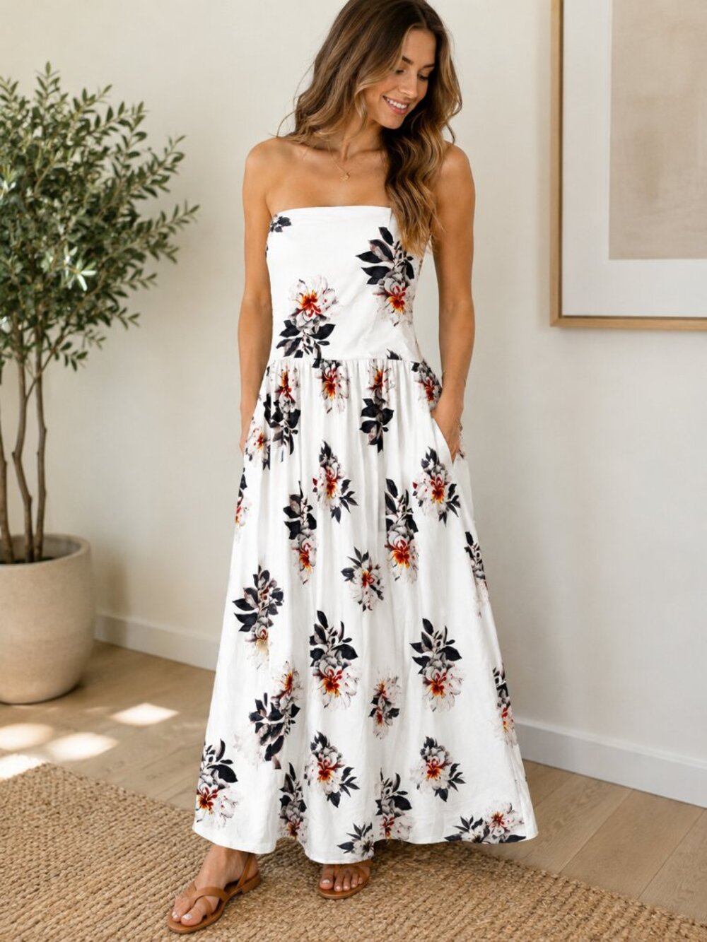 GloryStar Strapless Floral Maxi Dress White Boho Summer Beach Size XL